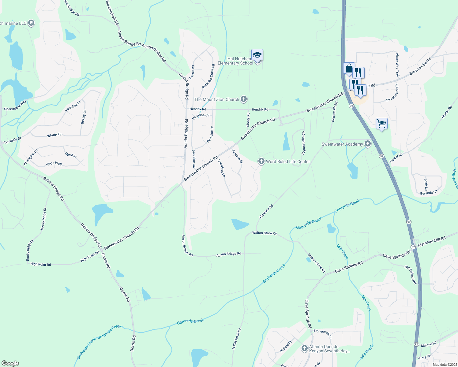map of restaurants, bars, coffee shops, grocery stores, and more near 17 Hamilton Place in Douglasville