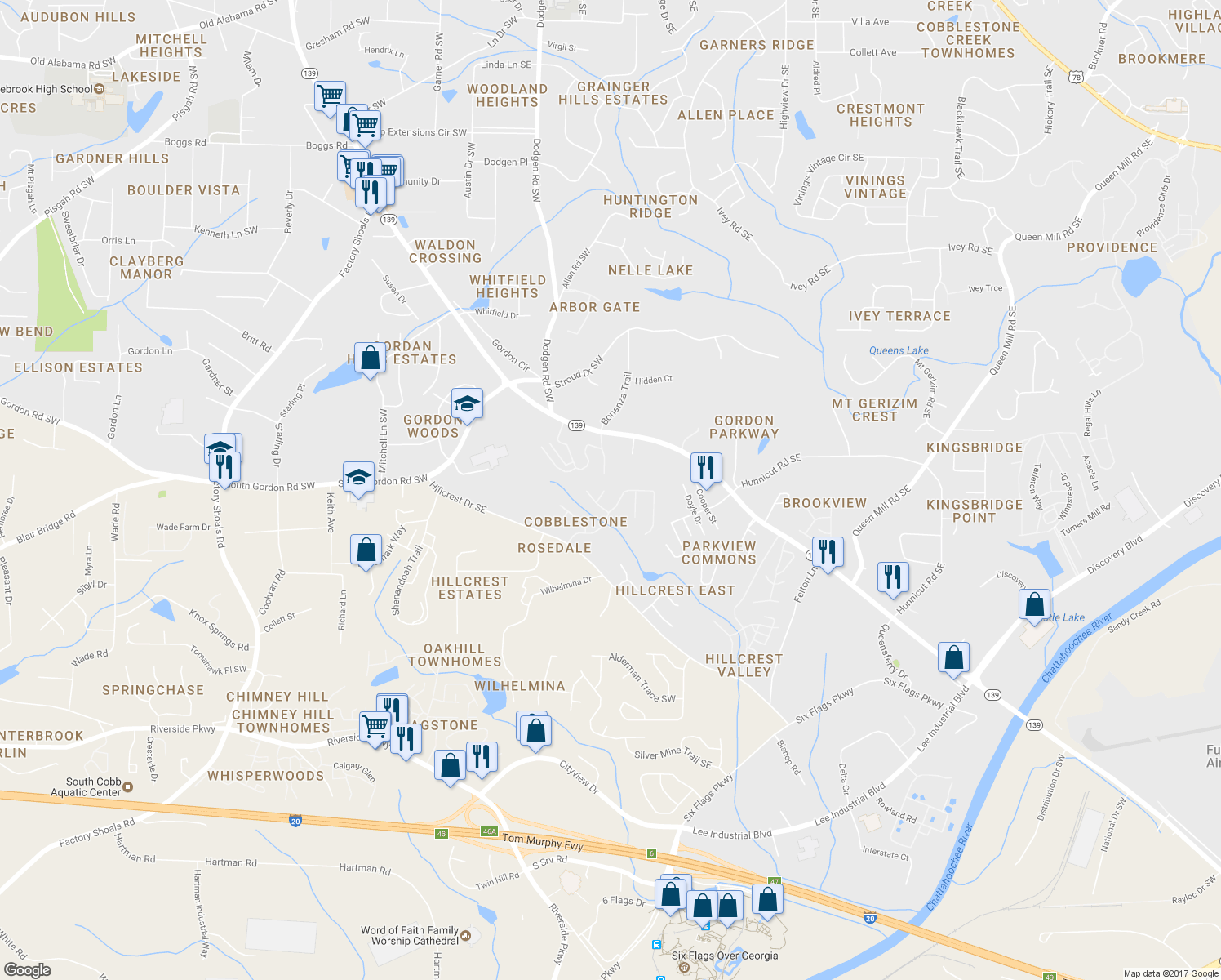 map of restaurants, bars, coffee shops, grocery stores, and more near 6753 Clearstream Way in Austell