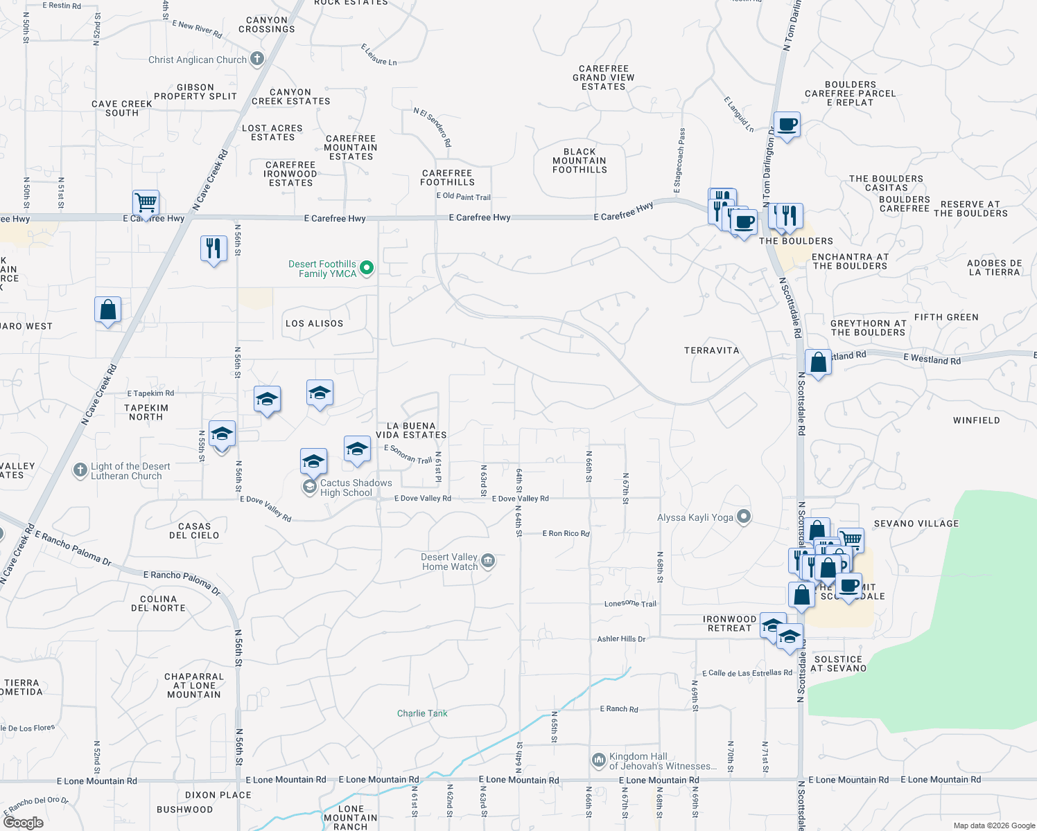 map of restaurants, bars, coffee shops, grocery stores, and more near 6425 East Crested Saguaro Lane in Scottsdale