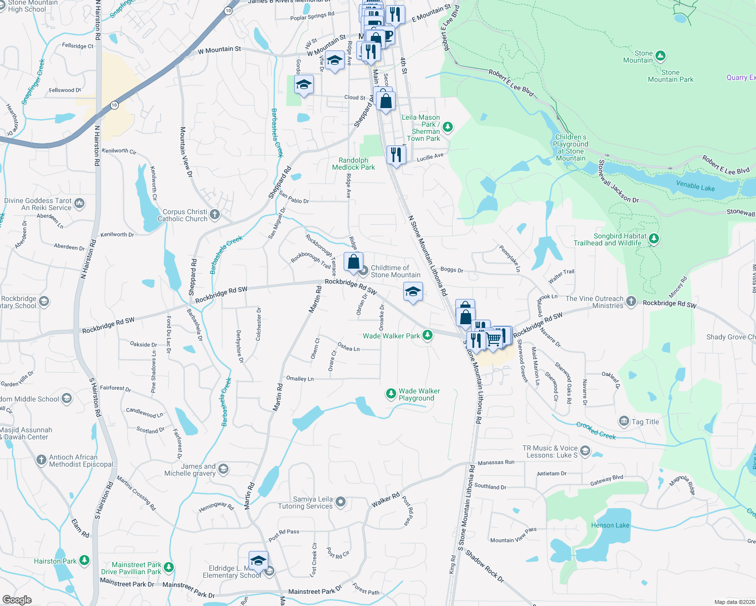 map of restaurants, bars, coffee shops, grocery stores, and more near 341 Oroarke Dr in Stone Mountain