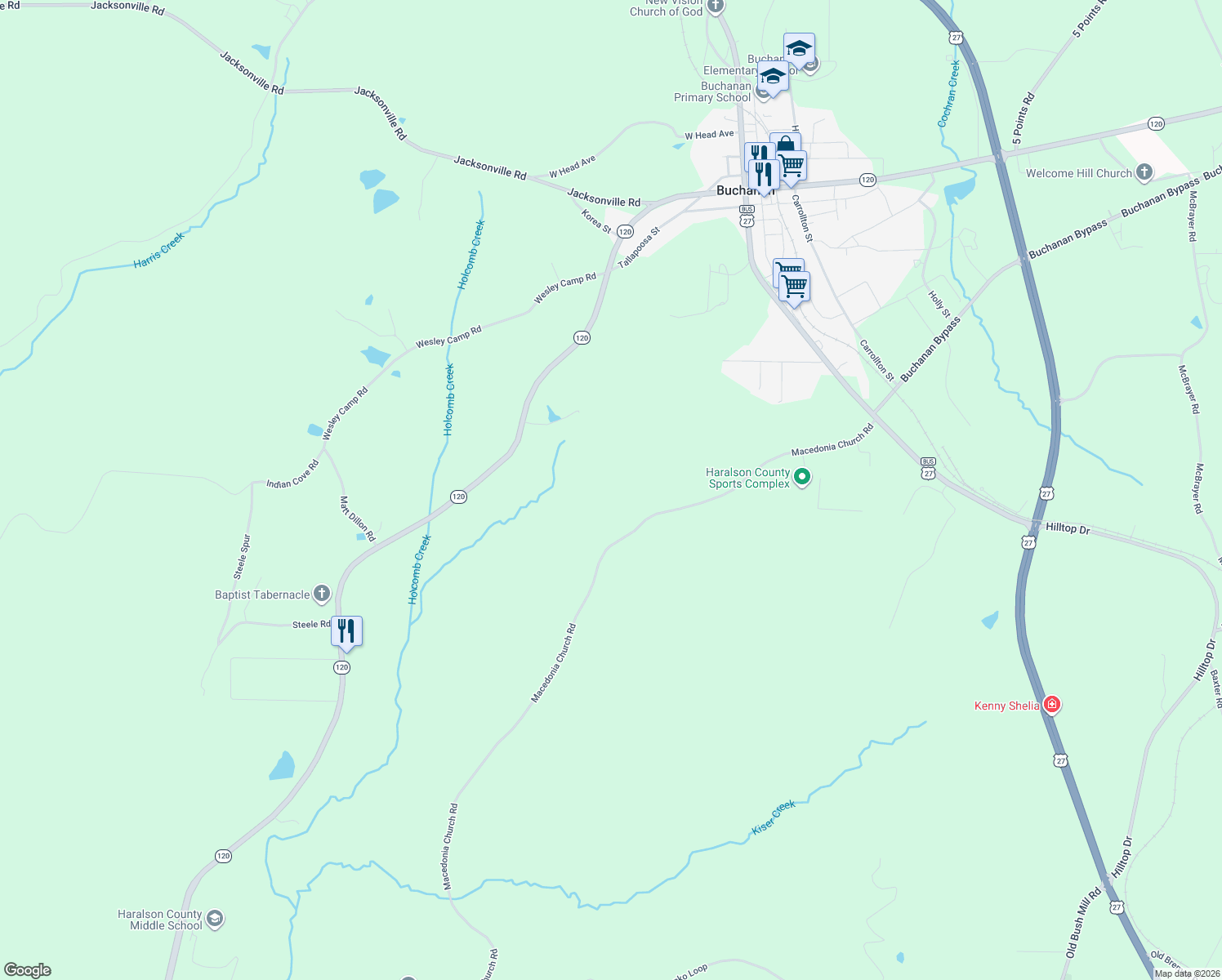 map of restaurants, bars, coffee shops, grocery stores, and more near 976 Macedonia Church Road in Buchanan