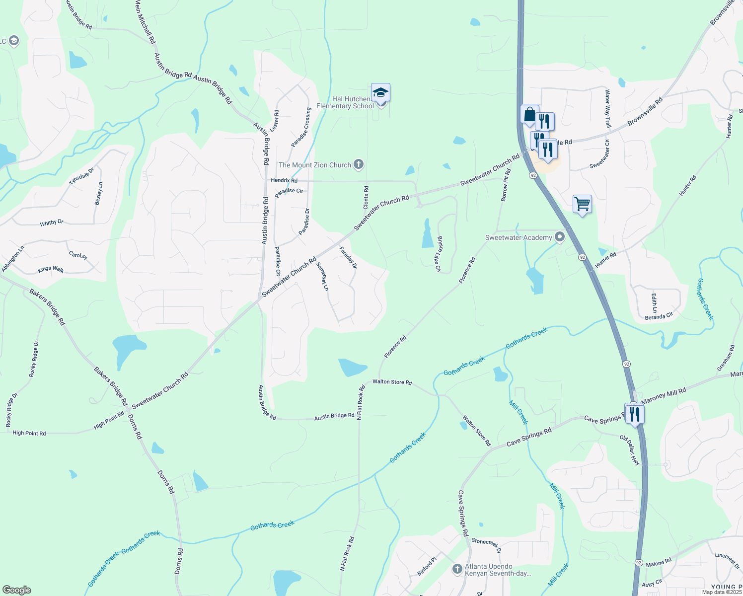 map of restaurants, bars, coffee shops, grocery stores, and more near 414 Deering Drive in Douglasville