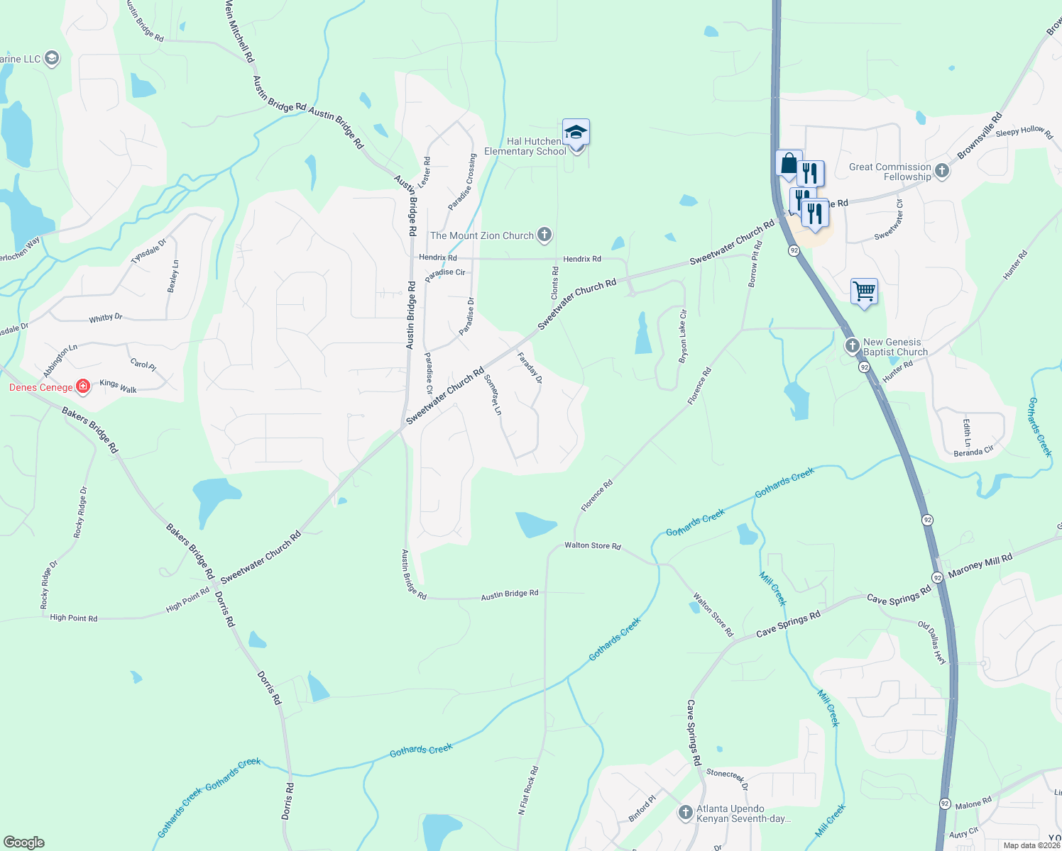 map of restaurants, bars, coffee shops, grocery stores, and more near 192 Abbington Way in Douglasville