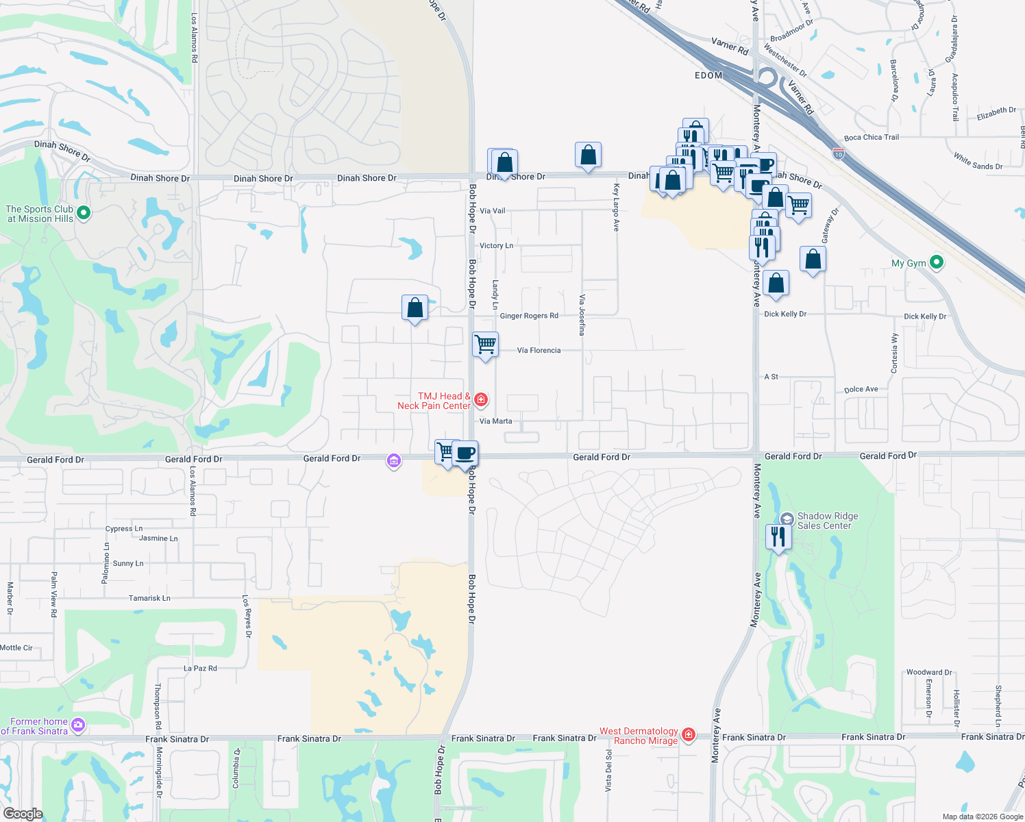 map of restaurants, bars, coffee shops, grocery stores, and more near 37 Alicante Circle in Rancho Mirage