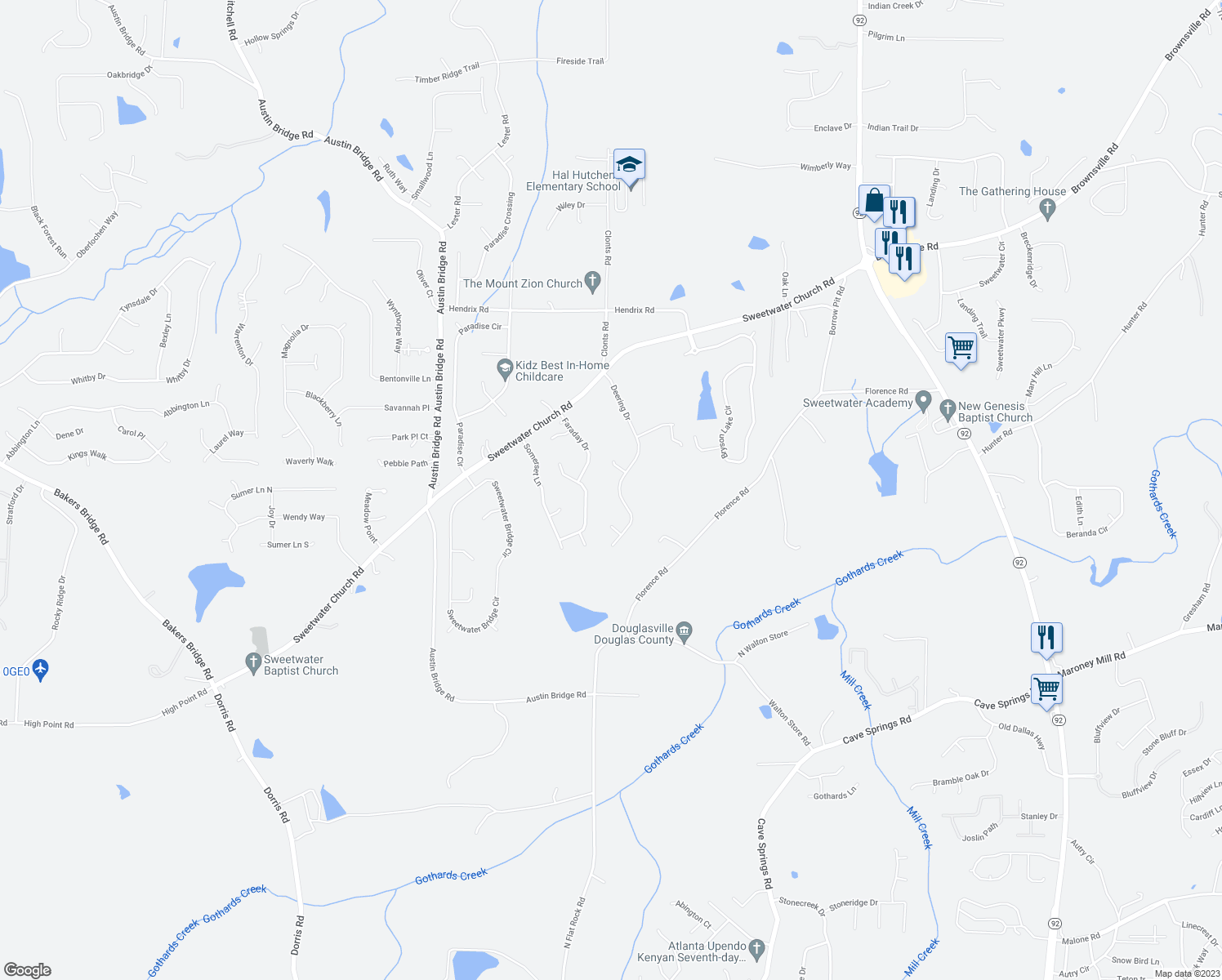 map of restaurants, bars, coffee shops, grocery stores, and more near 390 Deering Drive in Douglasville