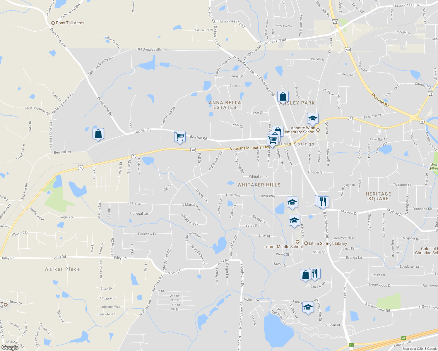 map of restaurants, bars, coffee shops, grocery stores, and more near 6746 Old Beulah Road in Lithia Springs