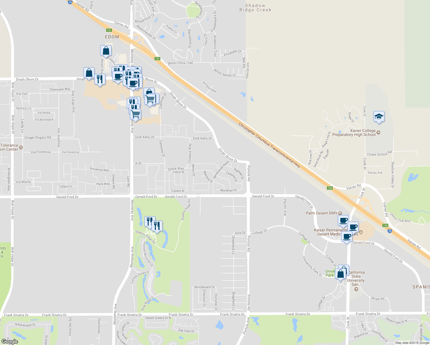 map of restaurants, bars, coffee shops, grocery stores, and more near 73796 Van Gogh Drive in Palm Desert