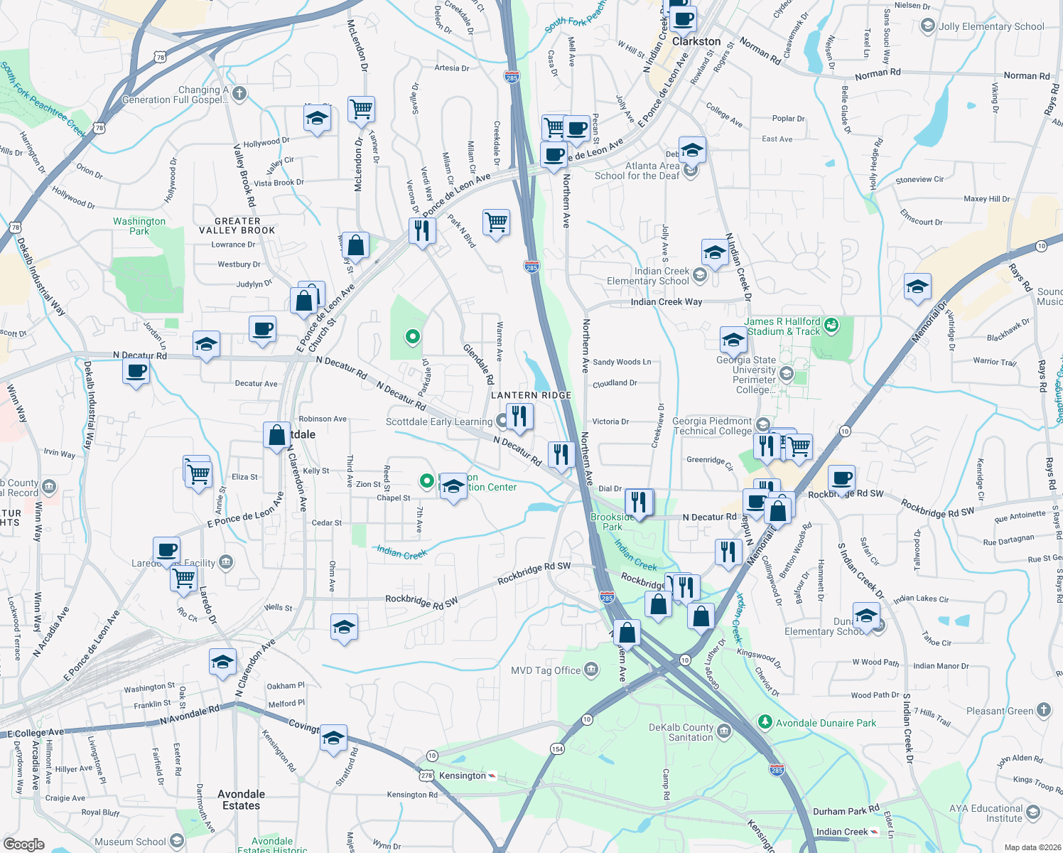 map of restaurants, bars, coffee shops, grocery stores, and more near 3389 Lantern View Ln in Scottdale