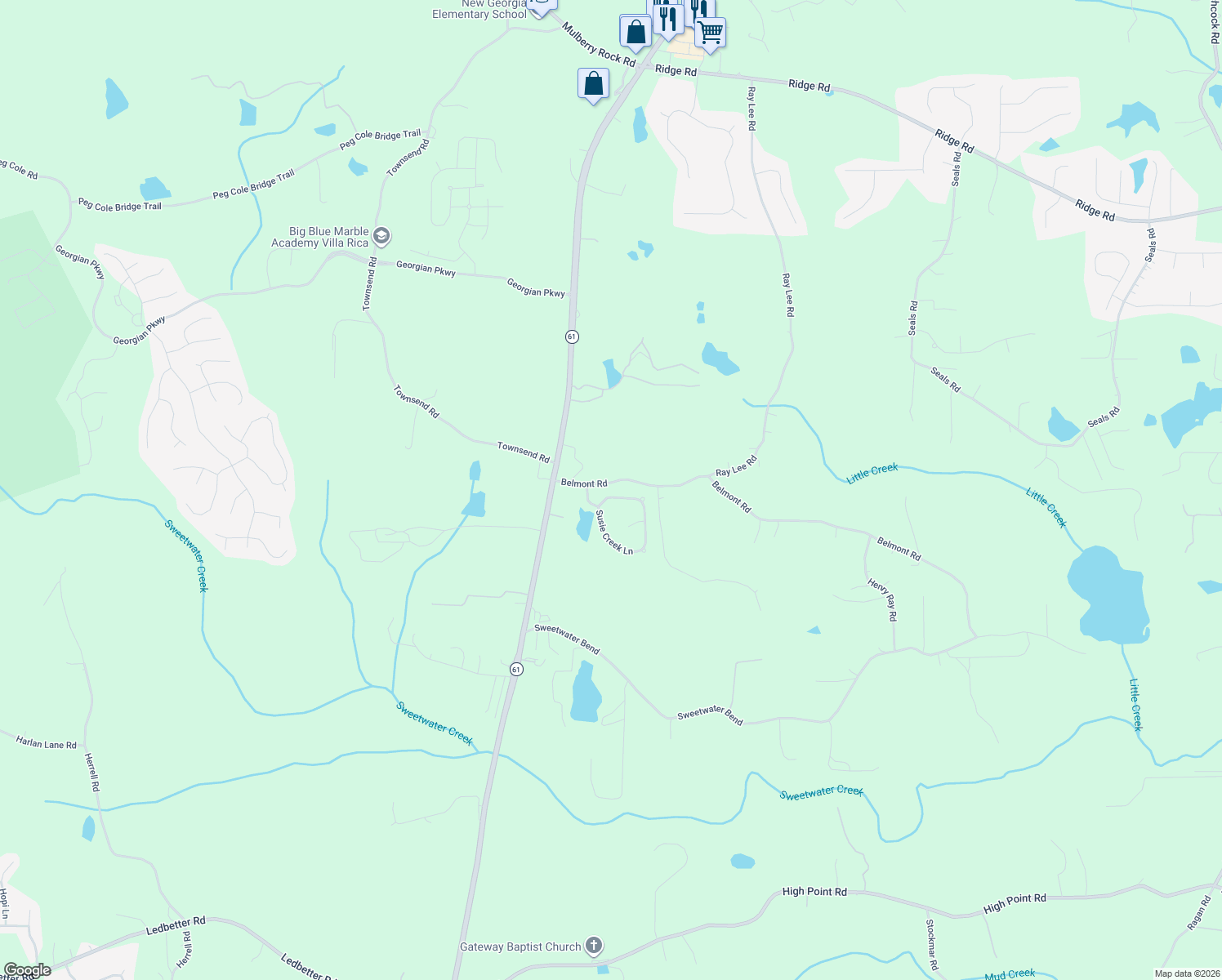 map of restaurants, bars, coffee shops, grocery stores, and more near 554 Susie Creek Ln in Villa Rica