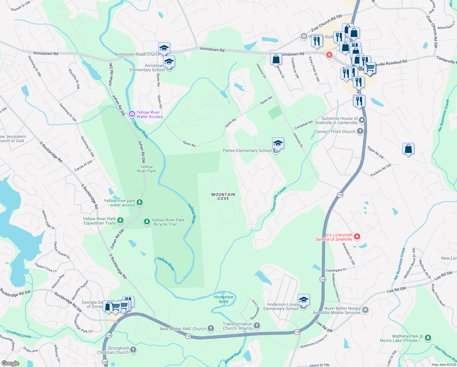 map of restaurants, bars, coffee shops, grocery stores, and more near 3650 Mountain Cove Road in Snellville