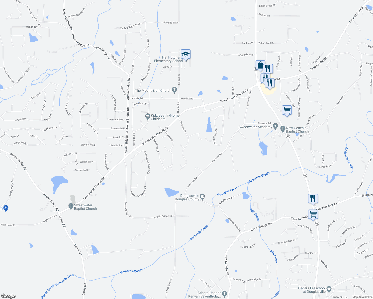 map of restaurants, bars, coffee shops, grocery stores, and more near 329 Deering Drive in Douglasville