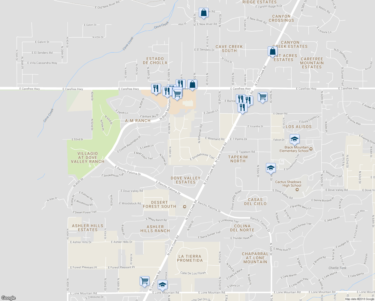 map of restaurants, bars, coffee shops, grocery stores, and more near 4925 East Laredo Lane in Cave Creek
