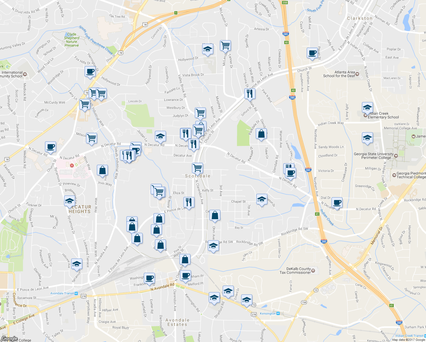 map of restaurants, bars, coffee shops, grocery stores, and more near 3117 Robinson Avenue in Scottdale