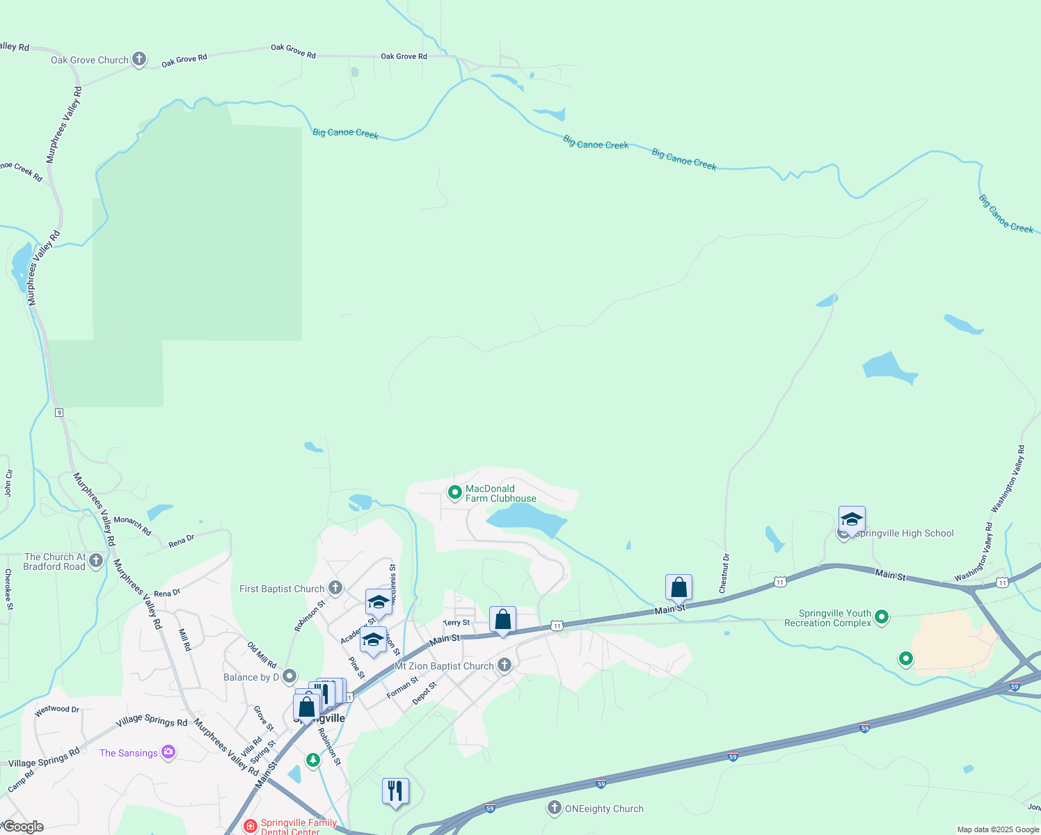 map of restaurants, bars, coffee shops, grocery stores, and more near in Springville