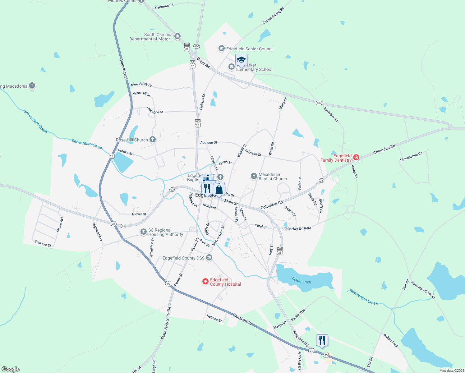 map of restaurants, bars, coffee shops, grocery stores, and more near 212 Wigfall Street in Edgefield