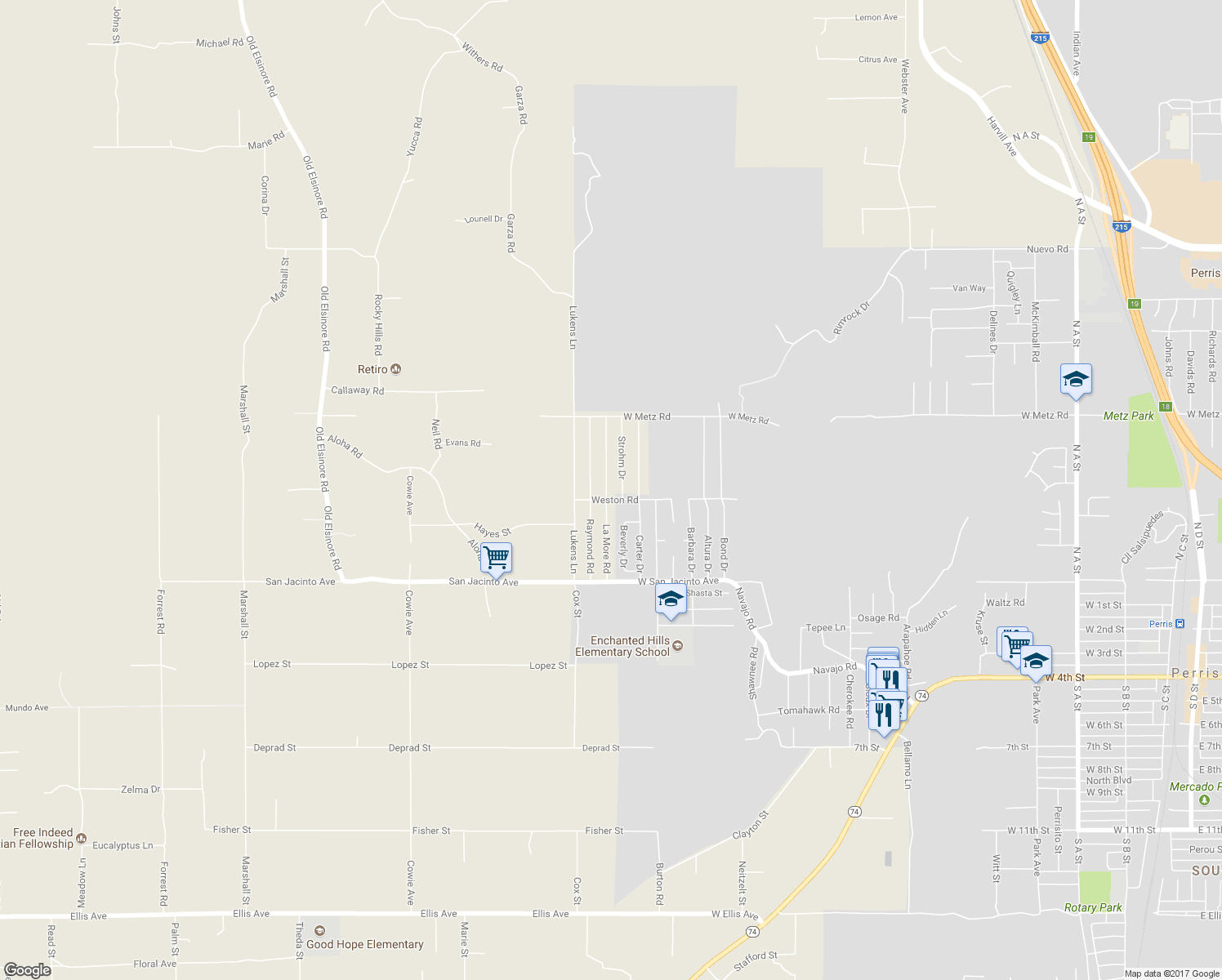 map of restaurants, bars, coffee shops, grocery stores, and more near 22722 La More Road in Perris