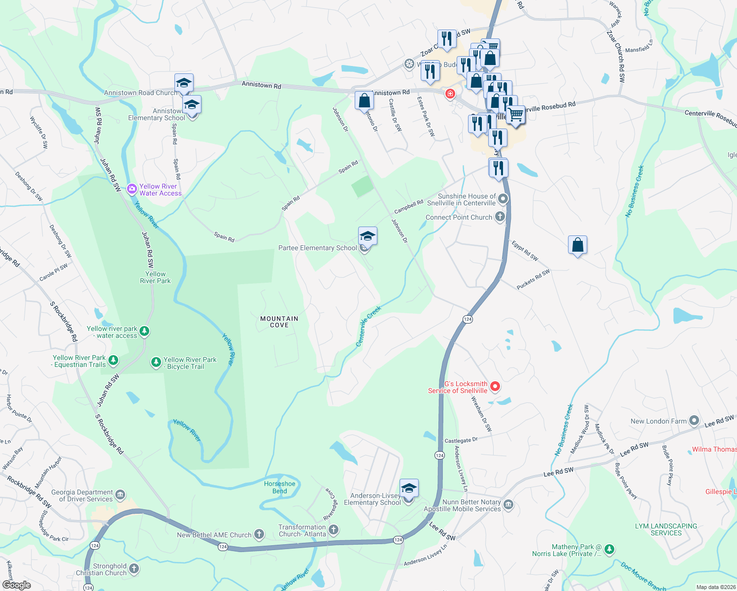 map of restaurants, bars, coffee shops, grocery stores, and more near 3735 Scotland Lane Southwest in Snellville