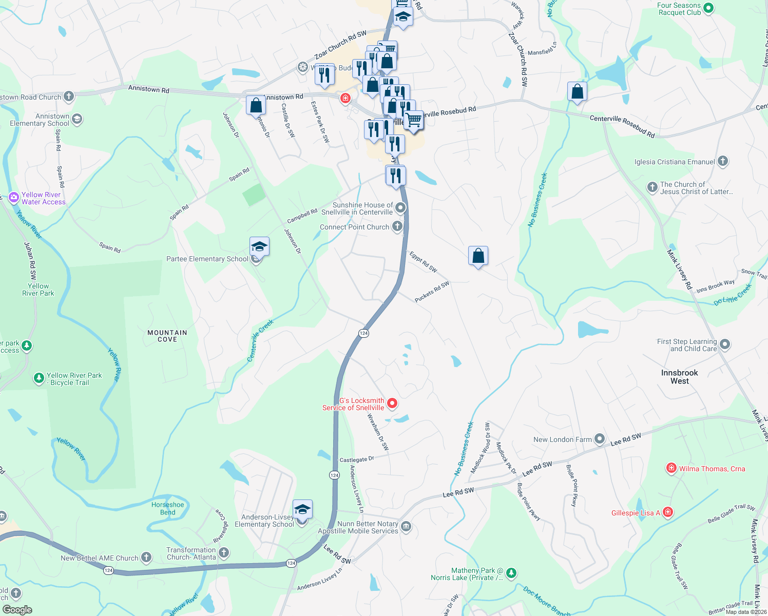 map of restaurants, bars, coffee shops, grocery stores, and more near 3874 Centerville Highway in Snellville