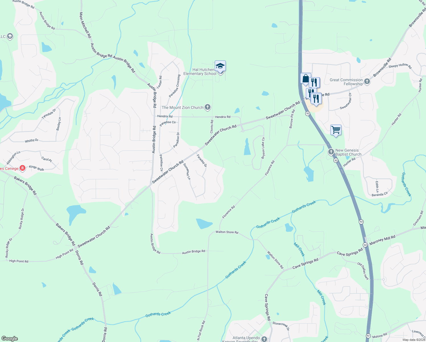 map of restaurants, bars, coffee shops, grocery stores, and more near 35 Glenbrook Court in Douglasville