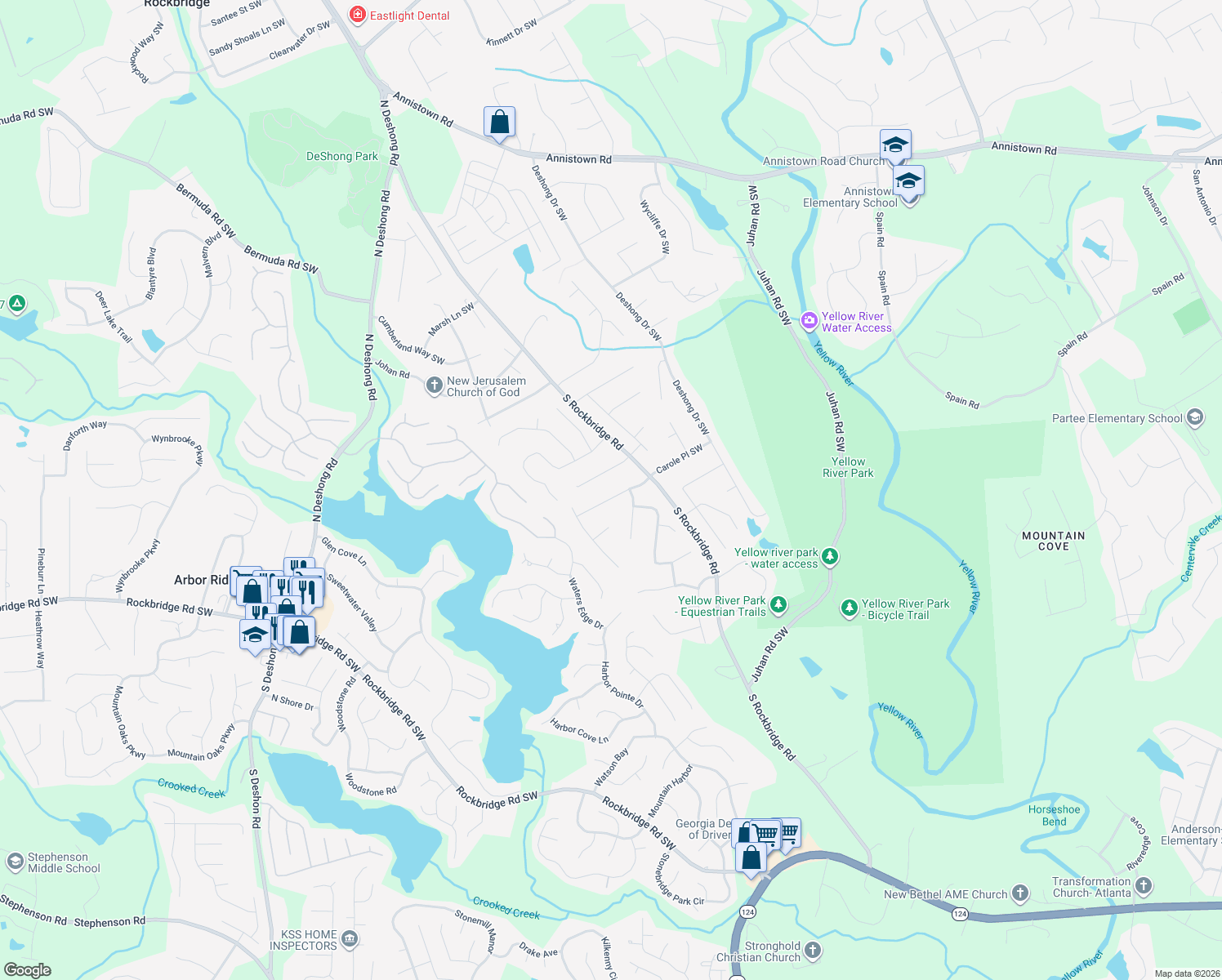 map of restaurants, bars, coffee shops, grocery stores, and more near 5145 Carole Place Southwest in Stone Mountain