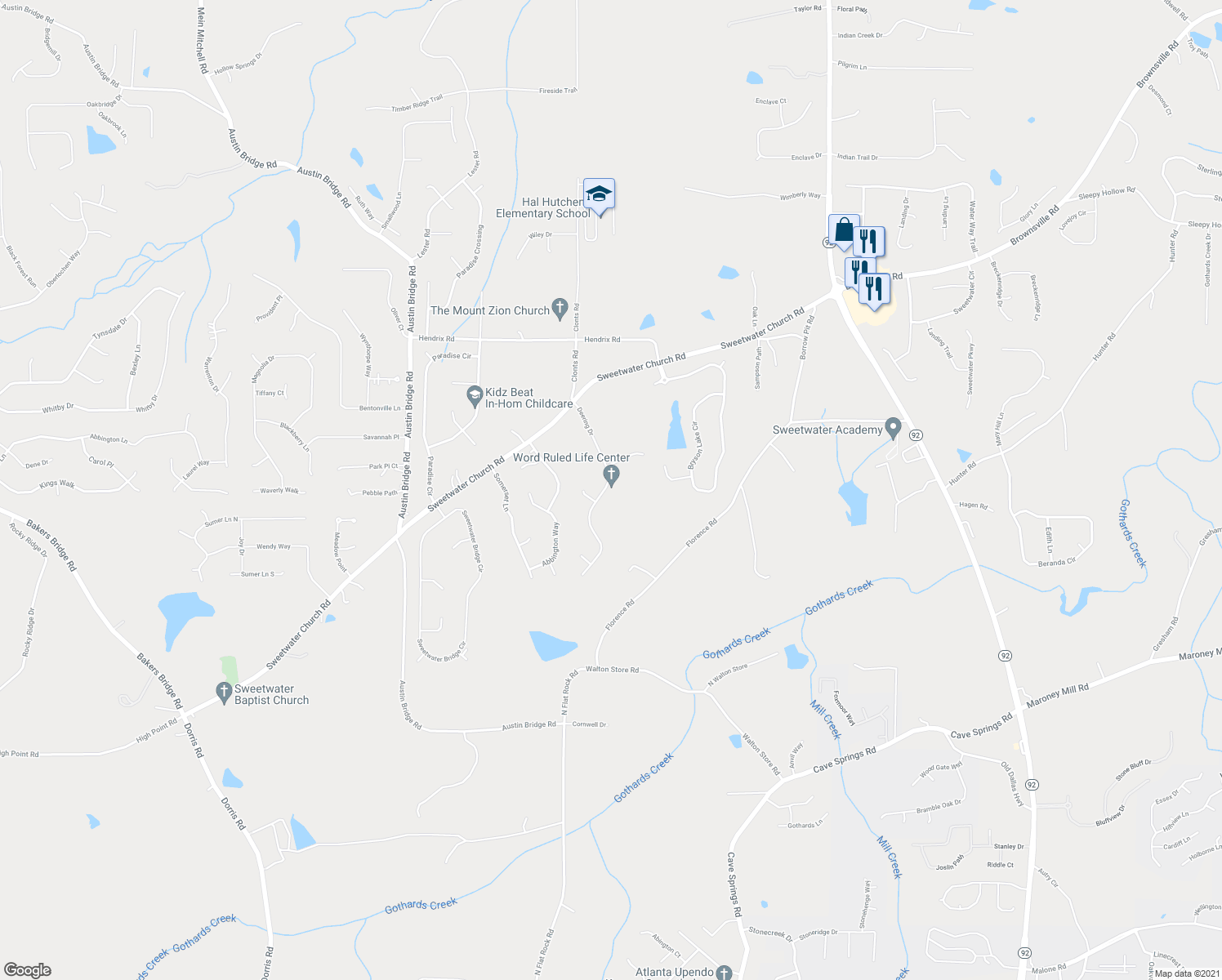map of restaurants, bars, coffee shops, grocery stores, and more near 275 Deering Drive in Douglasville