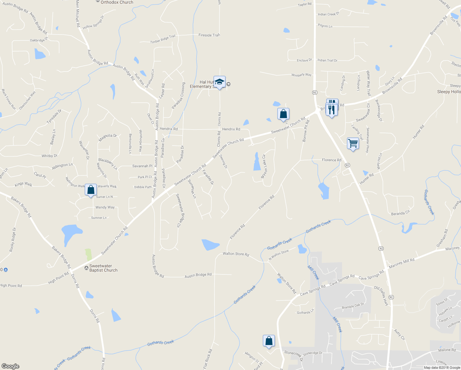 map of restaurants, bars, coffee shops, grocery stores, and more near 289 Deering Drive in Douglasville