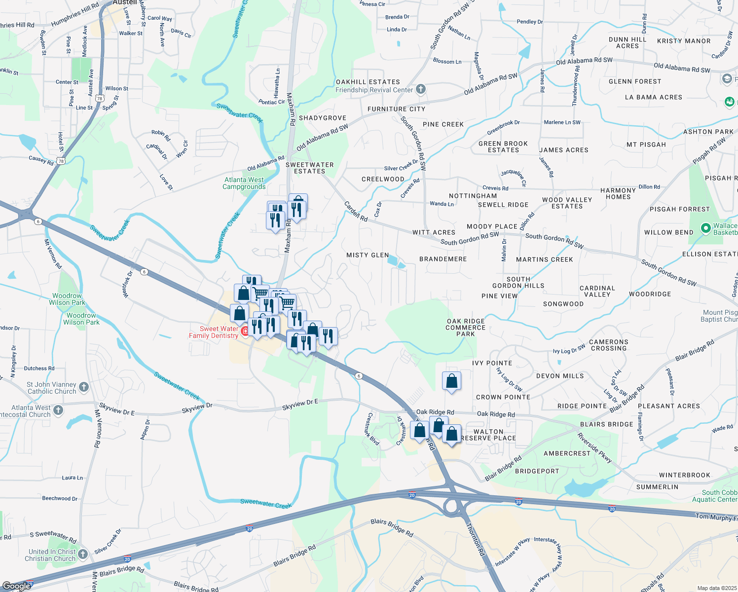 map of restaurants, bars, coffee shops, grocery stores, and more near 6631 Coventry Point in Austell