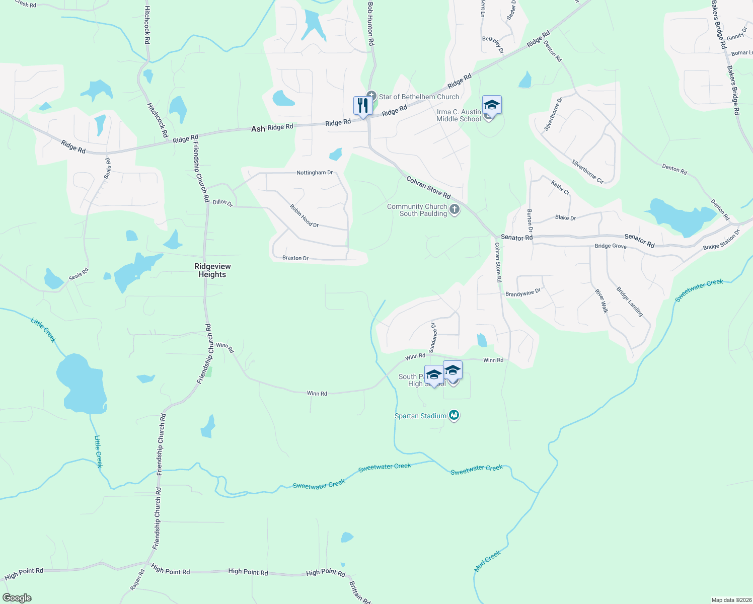 map of restaurants, bars, coffee shops, grocery stores, and more near 168 Brookwood Crossing in Douglasville