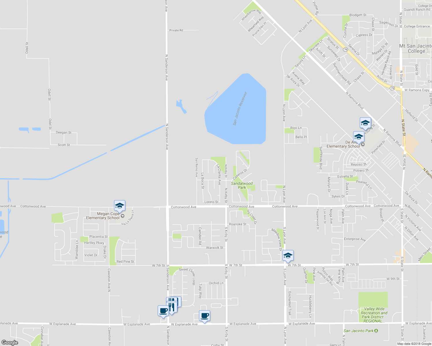 map of restaurants, bars, coffee shops, grocery stores, and more near 343 Palo Santa Way in San Jacinto