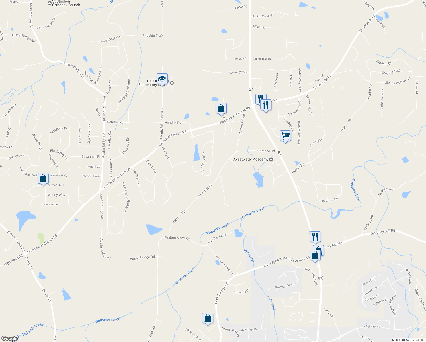 map of restaurants, bars, coffee shops, grocery stores, and more near 505 Bryson Lake Circle in Douglasville