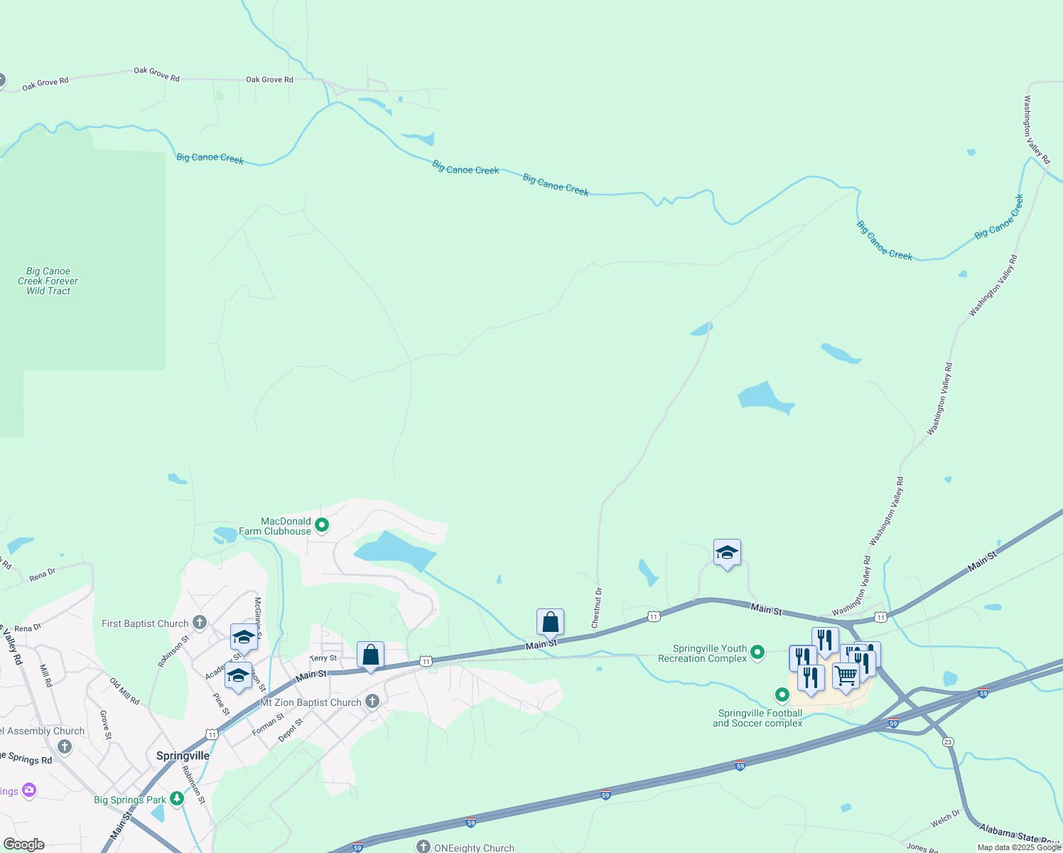 map of restaurants, bars, coffee shops, grocery stores, and more near 47 Chestnut Drive in Springville