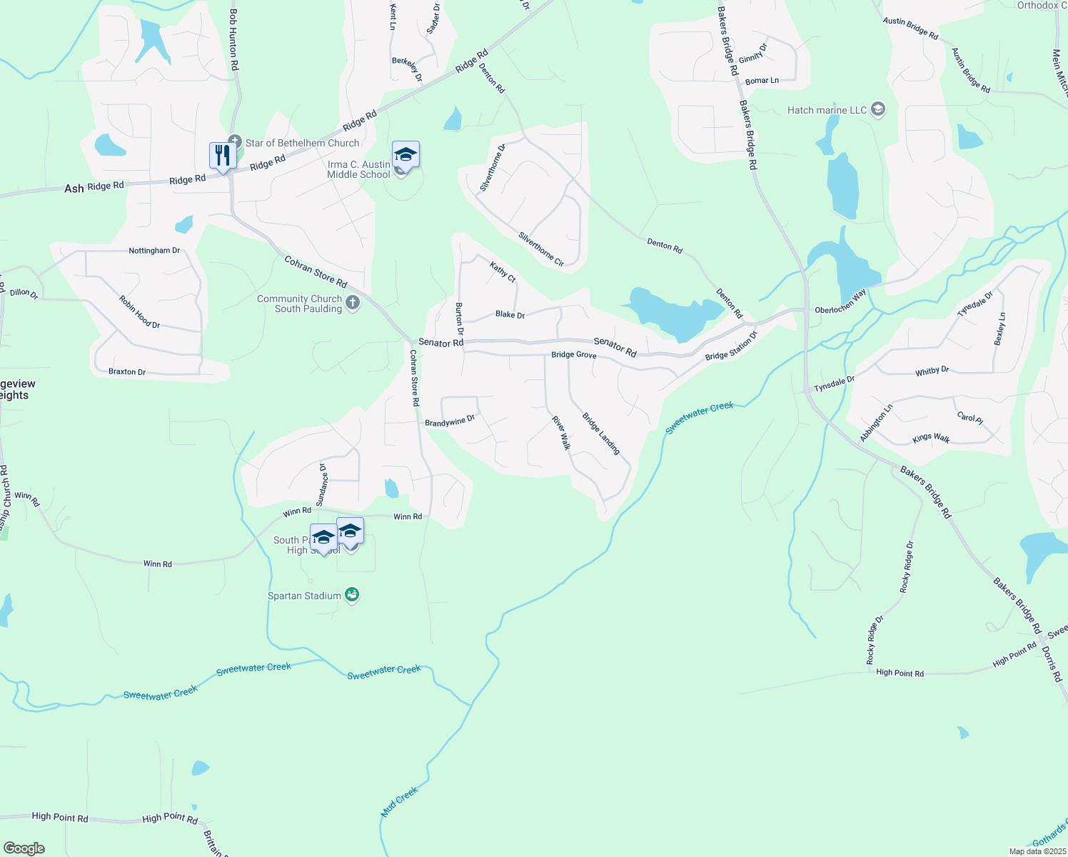 map of restaurants, bars, coffee shops, grocery stores, and more near 76 Riverbend Trail in Douglasville
