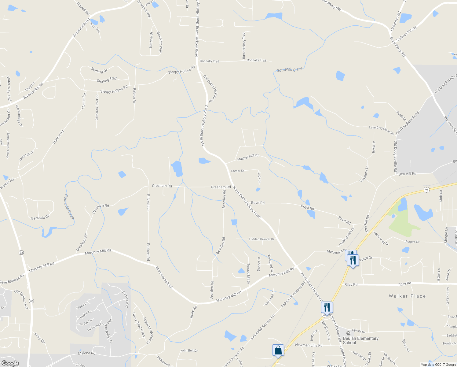 map of restaurants, bars, coffee shops, grocery stores, and more near 527 North Burnt Hickory Road in Douglasville