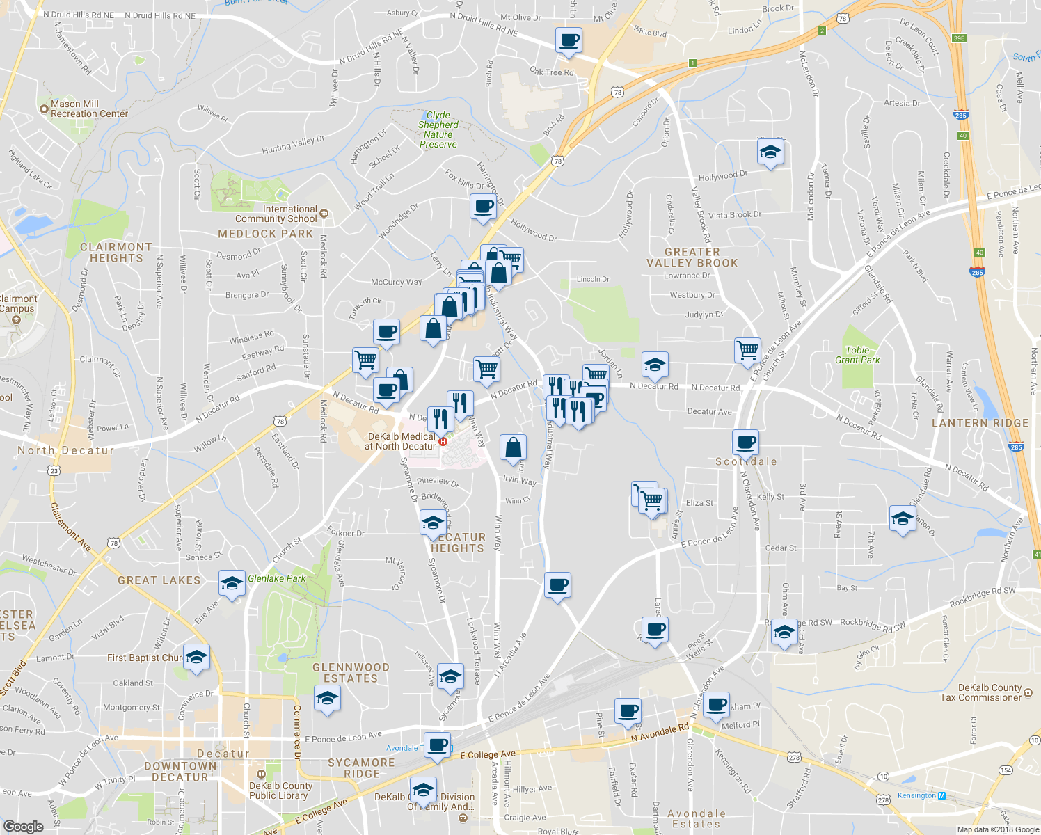 map of restaurants, bars, coffee shops, grocery stores, and more near 2408 Stratford Commons in Decatur