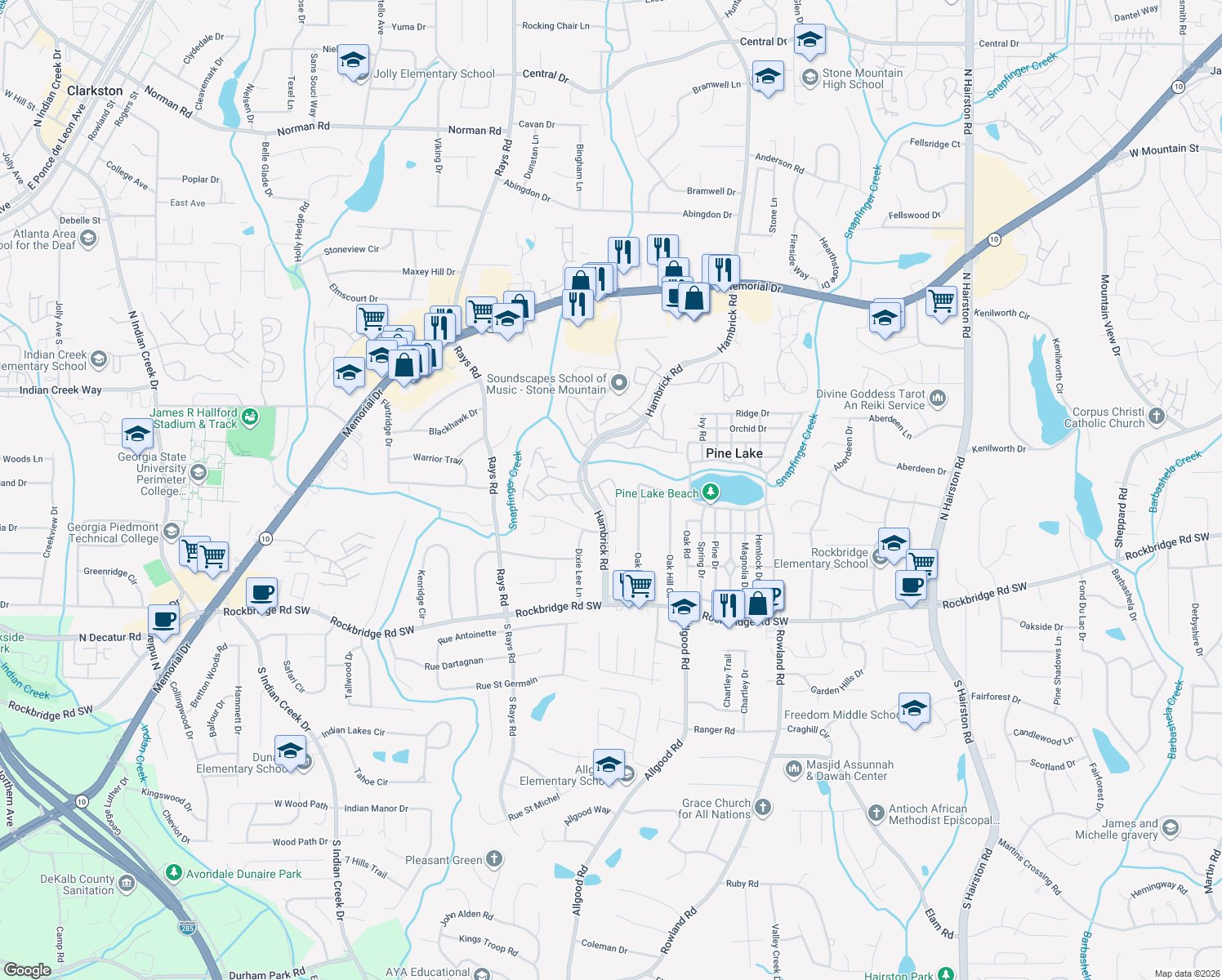 map of restaurants, bars, coffee shops, grocery stores, and more near 4386 Village Square Ln in Stone Mountain