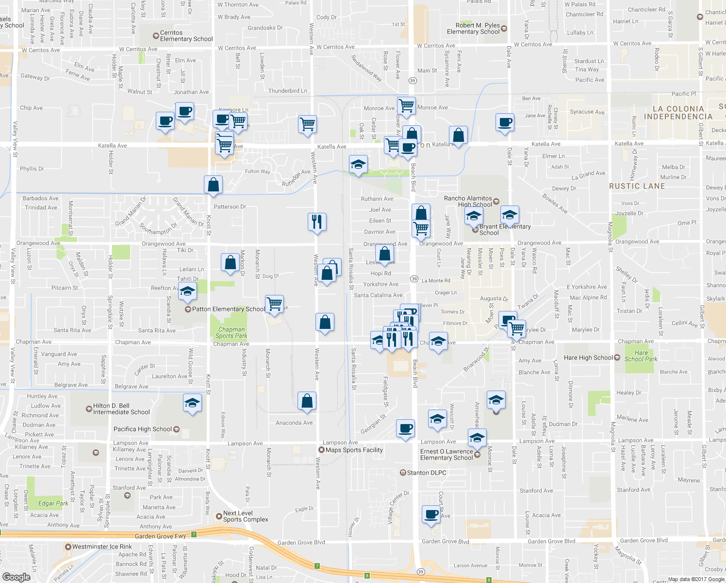 map of restaurants, bars, coffee shops, grocery stores, and more near 7721 Santa Catalina Avenue in Stanton