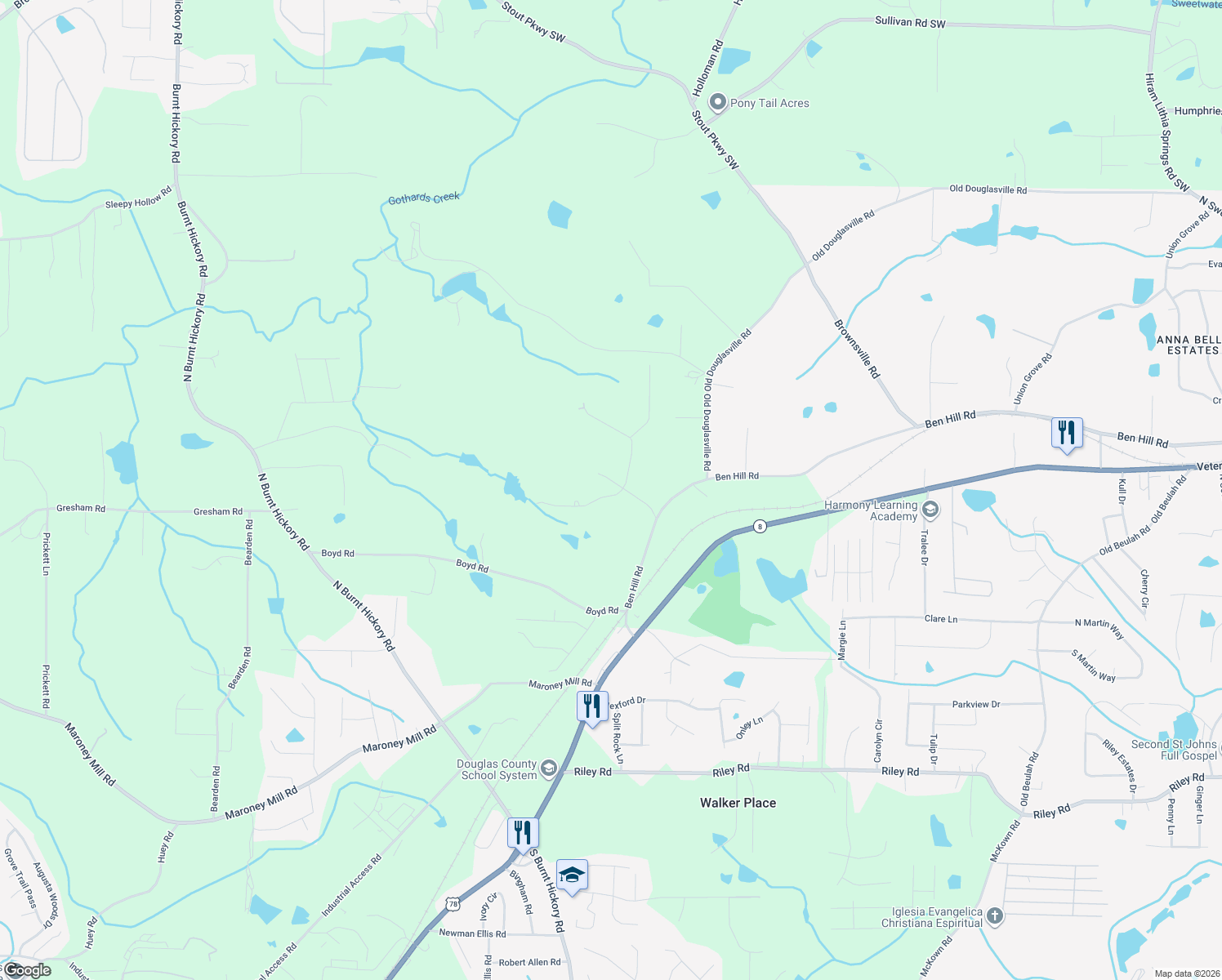 map of restaurants, bars, coffee shops, grocery stores, and more near 479 Greystone Lane in Douglasville