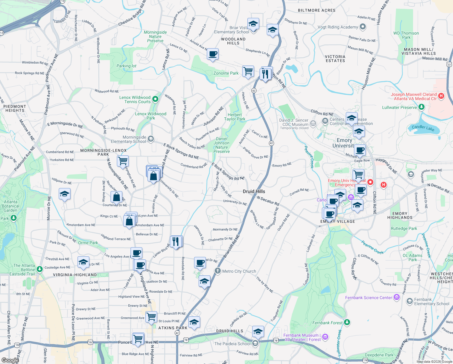map of restaurants, bars, coffee shops, grocery stores, and more near 570 Rock Springs Place Northeast in Atlanta