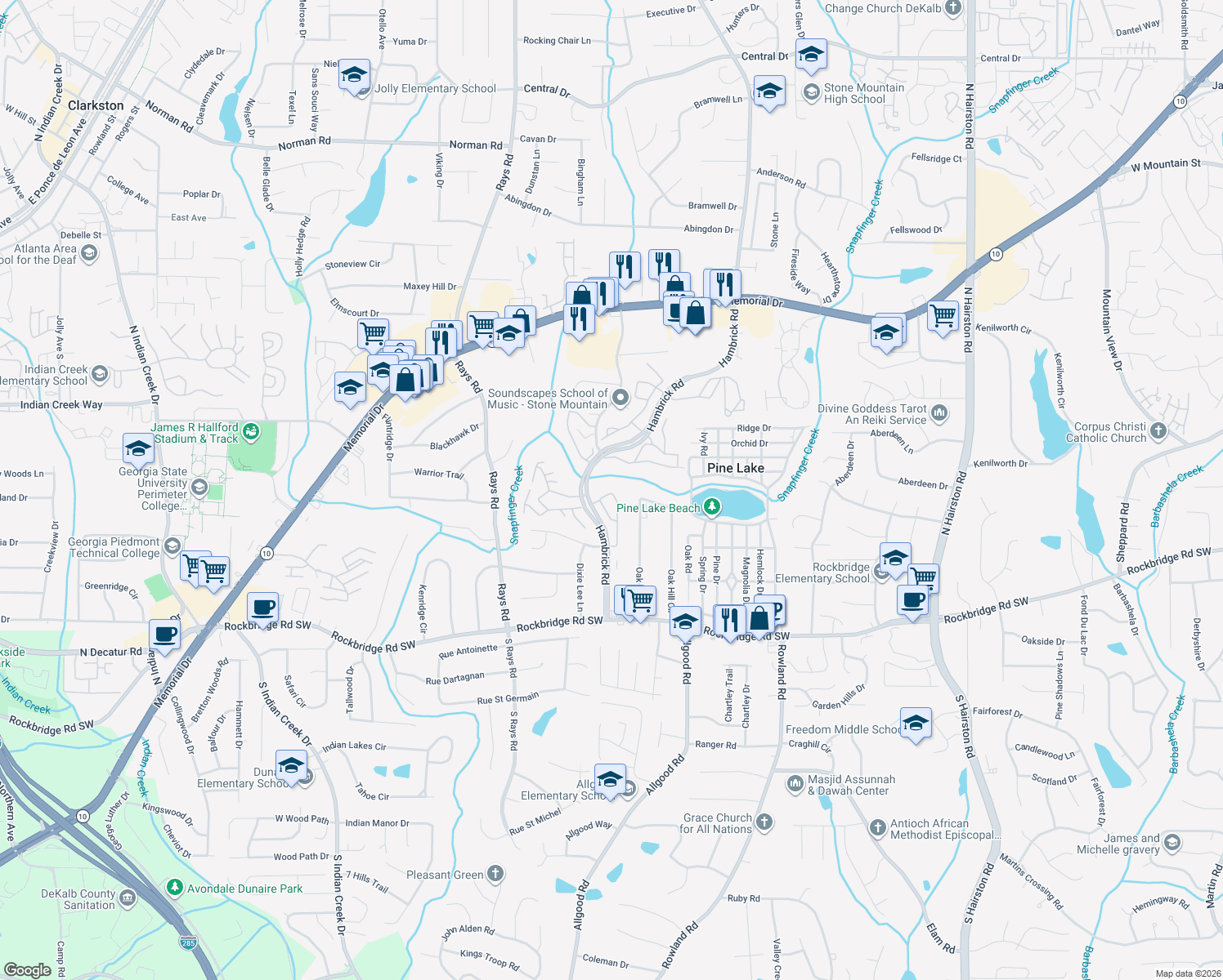 map of restaurants, bars, coffee shops, grocery stores, and more near 4403 Village Square Lane in Stone Mountain