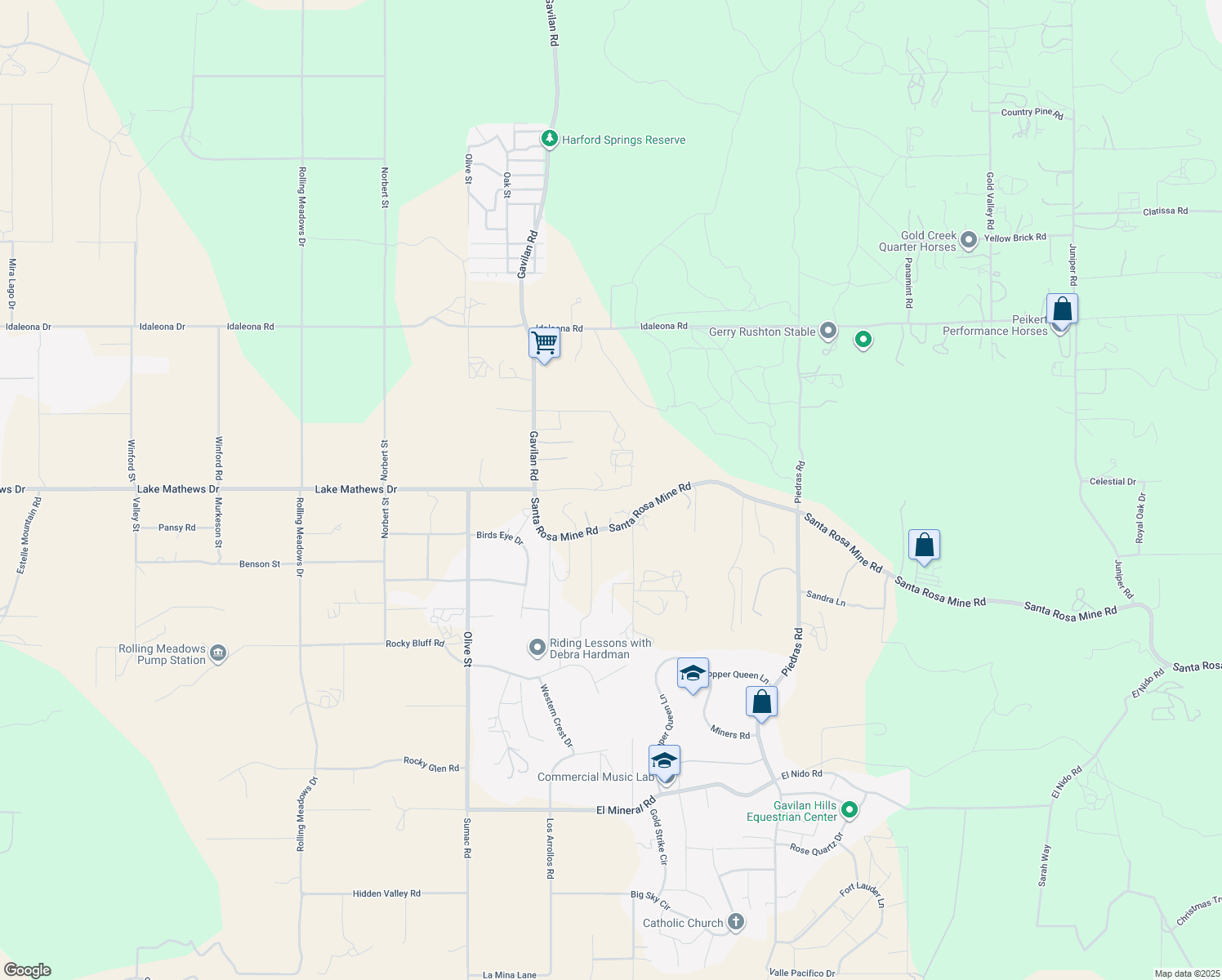 map of restaurants, bars, coffee shops, grocery stores, and more near 17751 Lake Mathews Drive in Perris