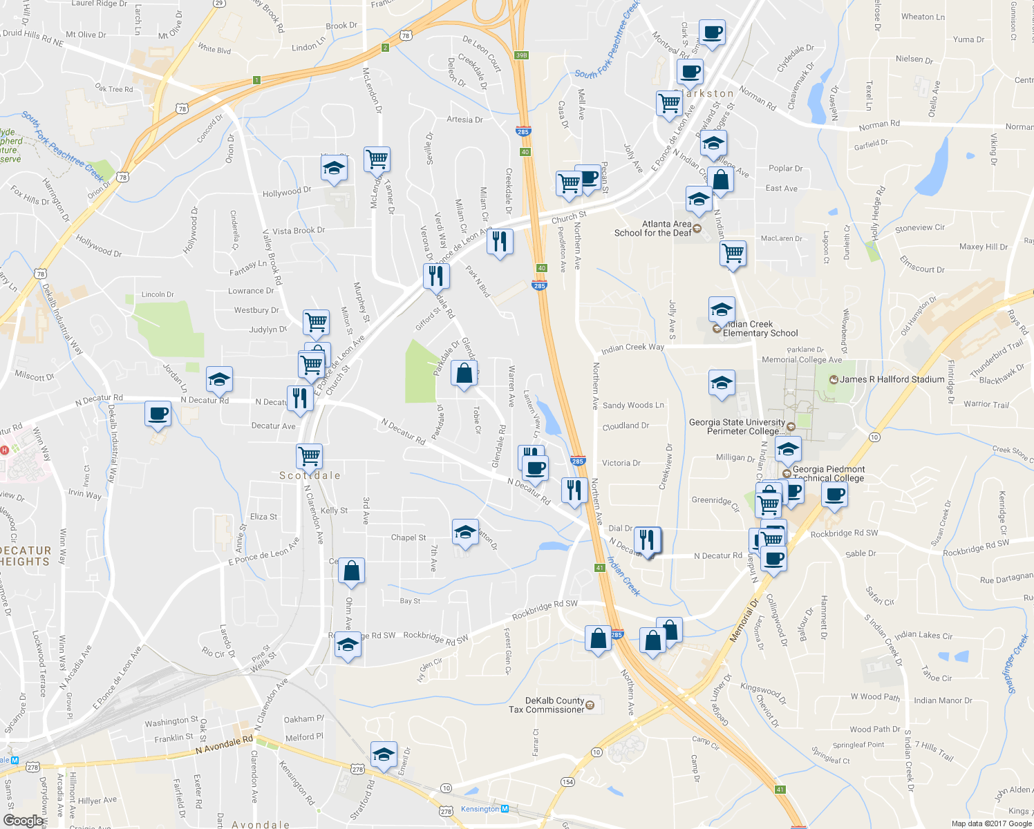 map of restaurants, bars, coffee shops, grocery stores, and more near 565 Warren Avenue in Scottdale