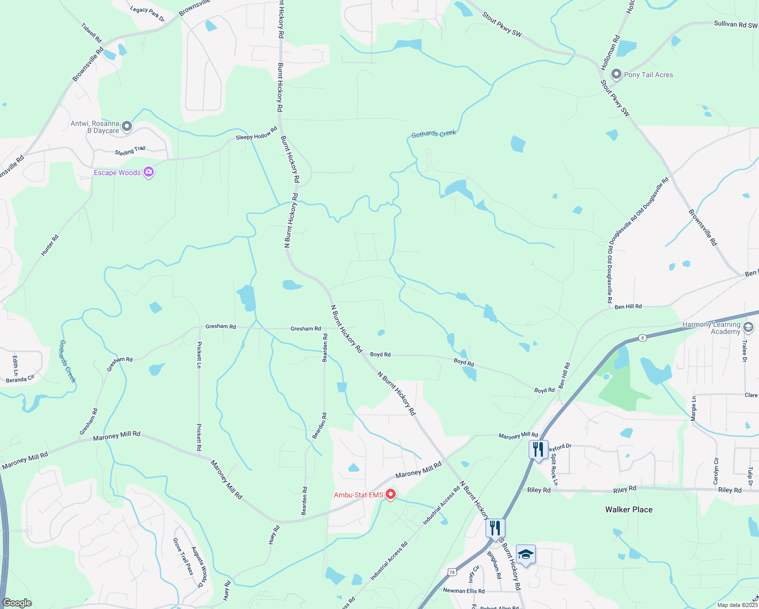 map of restaurants, bars, coffee shops, grocery stores, and more near 476 Cody Lane in Douglasville