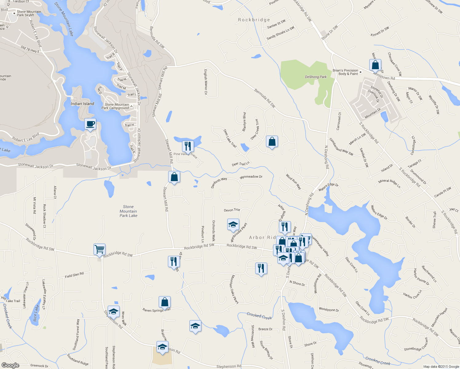 map of restaurants, bars, coffee shops, grocery stores, and more near 6791 Danforth Way in Stone Mountain