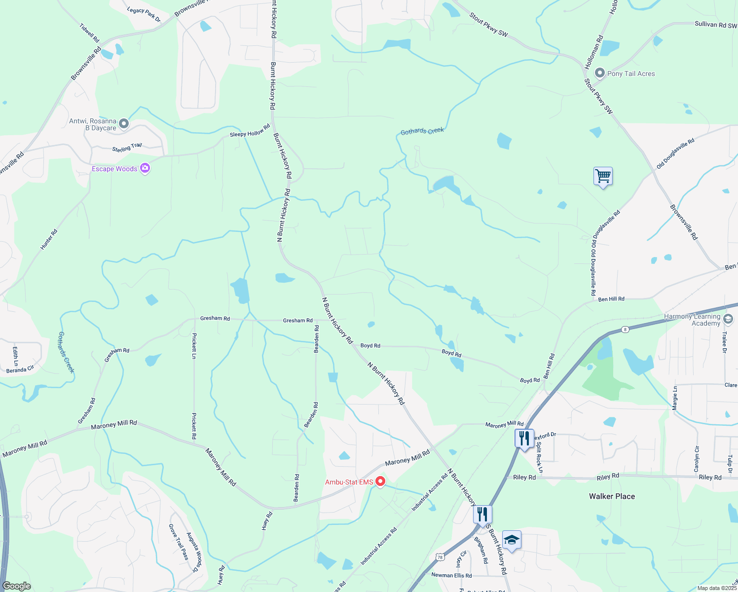 map of restaurants, bars, coffee shops, grocery stores, and more near 476 Cody Lane in Douglasville