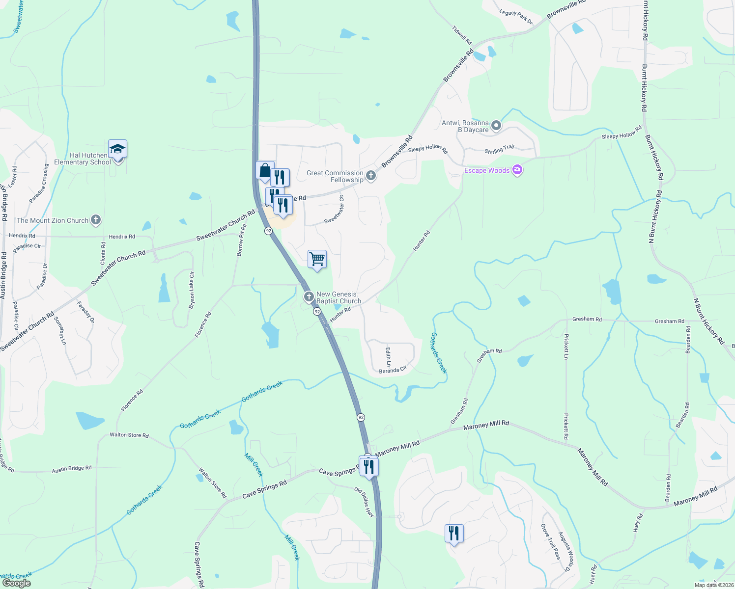 map of restaurants, bars, coffee shops, grocery stores, and more near 40 Mary Hill Way in Douglasville