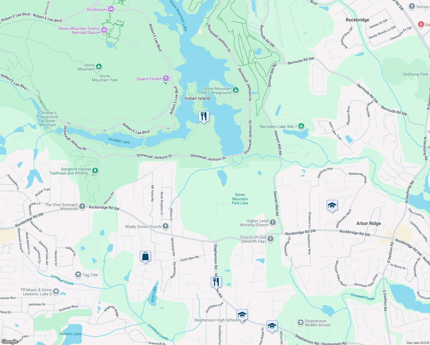 map of restaurants, bars, coffee shops, grocery stores, and more near 543 Monteagle Trce in Stone Mountain