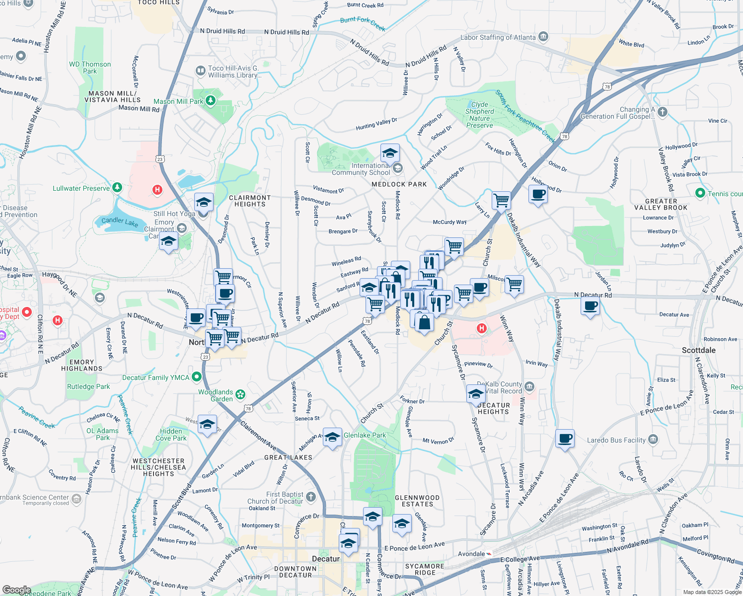map of restaurants, bars, coffee shops, grocery stores, and more near 2459 N Decatur Rd in Decatur