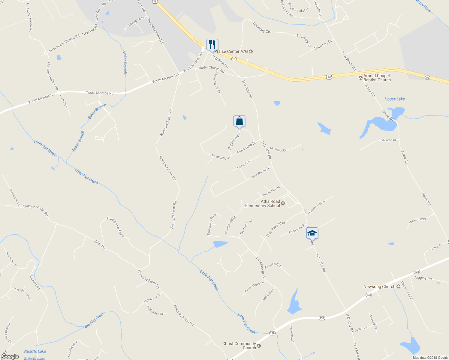 map of restaurants, bars, coffee shops, grocery stores, and more near 2153 Atha Woods Drive in Monroe