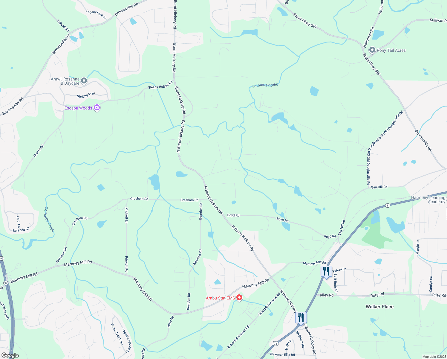 map of restaurants, bars, coffee shops, grocery stores, and more near 4418 Lamar Drive in Douglasville