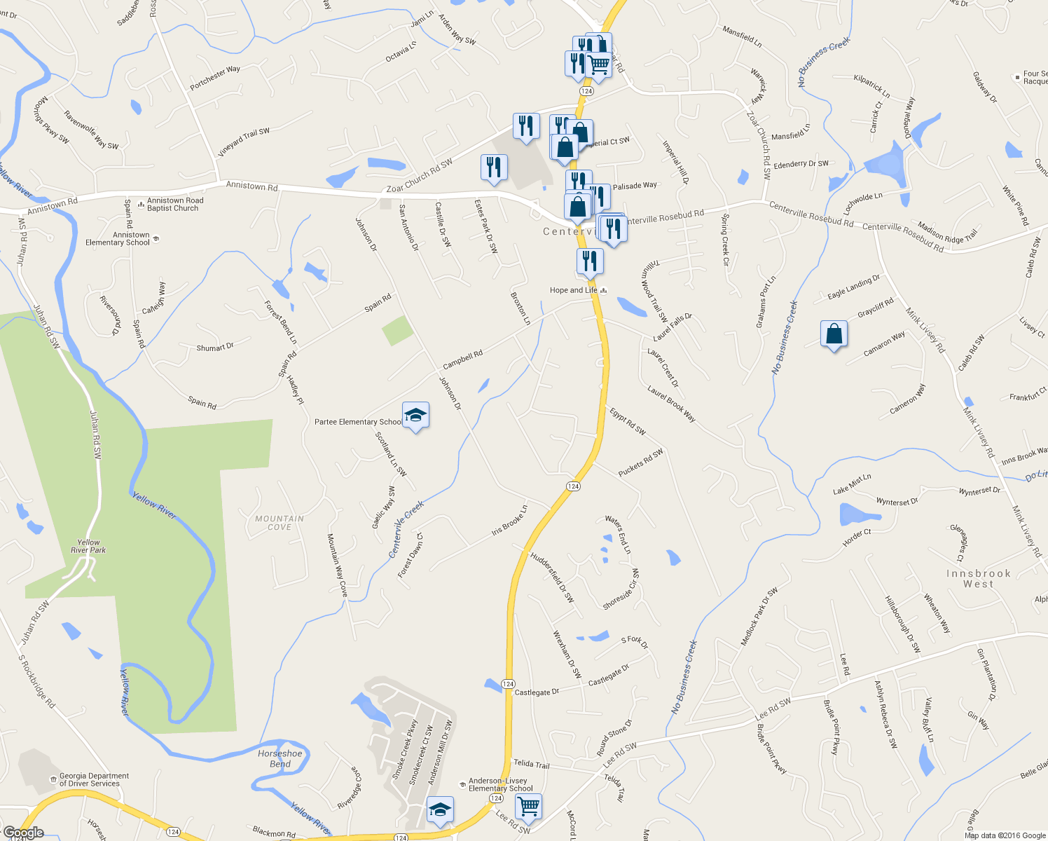 map of restaurants, bars, coffee shops, grocery stores, and more near 4184 Red Laurel Way Southwest in Snellville